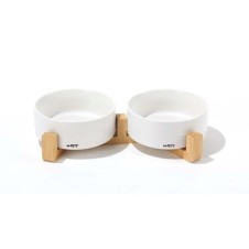 M-Pets Opera Bambu Standlı Seramik Kedi Mama ve Su Kabı 2x350ml (Beyaz)